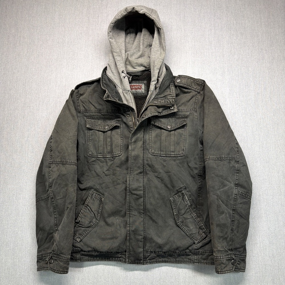 Levi Strauss Jacket Mens Medium Black Hooded‎ Sherpa Lined Distressed Grunge
